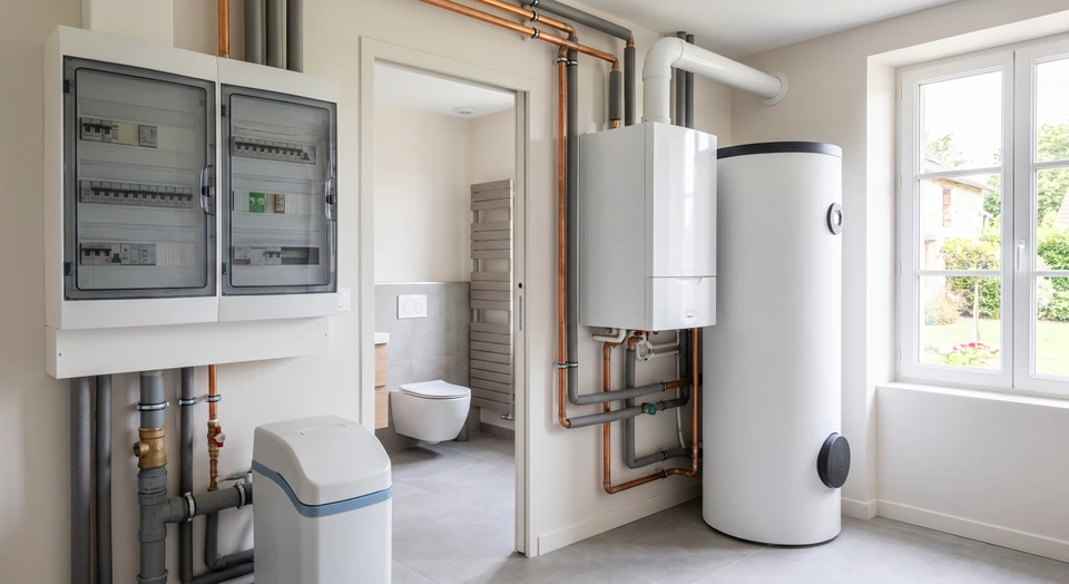 Vue d'ensemble d'un intérieur résidentiel montrant plusieurs espaces et équipements techniques : une chaudière de chauffage moderne, des tuyauteries de plomberie bien installées, un radiateur ou ballon thermique, des installations électriques propres, le tout photographié dans un environnement de maison rénovée. L'image doit montrer visuellement la diversité des corps de métier (chauffage, plomberie, électricité) travaillant ensemble dans un même projet résidentiel. Si possible, inclure plusieurs zones d'une maison pour symboliser l'intégration multiservices.