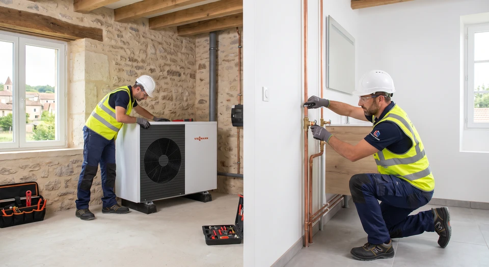 Photographie d'un ou deux techniciens en uniforme professionnel ou avec gilet de marque Lompech-Tesquet, intervenant sur un chantier de rénovation (installation de chauffage, plomberie ou climatisation) dans un intérieur résidentiel. Les techniciens doivent être concentrés sur leur travail, montrant la méthode et la précision. L'image doit transmettre l'expérience, la stabilité et le professionnalisme de l'équipe.
